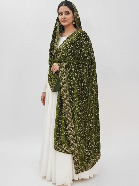 tathastufab Embroidered Velvet Dupatta with Zari - Image 3