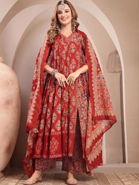 Sangria Women Ethnic Motifs Printed Angrakha Kurta with Trousers & With Dupatta