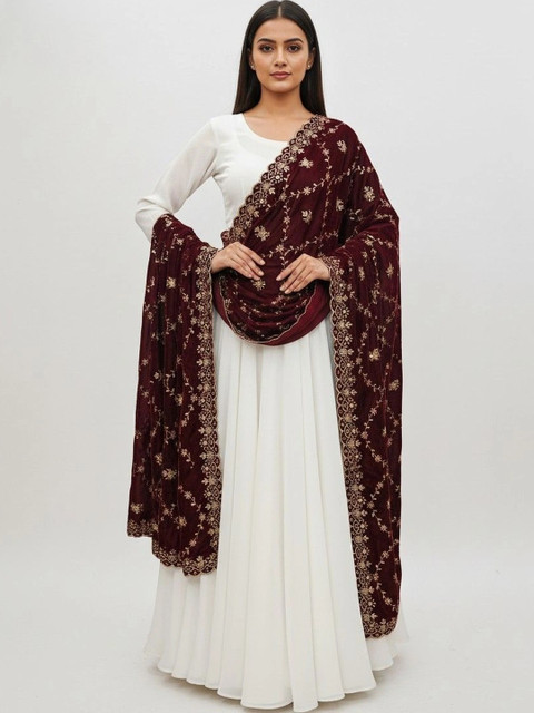 tathastufab Embroidered Velvet Dupatta with Thread Work