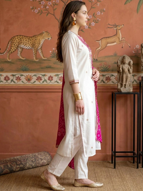 Sangria Women Ethnic Motifs Embroidered Regular Thread Work Kurta with Trousers & With Dupatta - Image 2