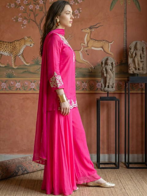Sangria Women Ethnic Motifs Embroidered Regular Thread Work Kurta with Sharara & With Dupatta - Image 2