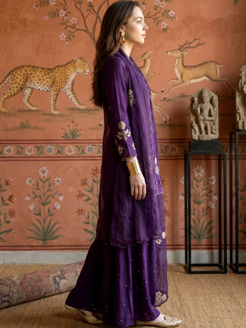 Sangria Women Ethnic Motifs Embroidered Regular Pure Silk Kurta with Palazzos & With Dupatta - Image 2