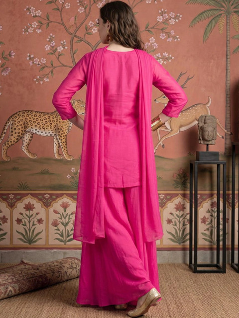 Sangria Women Ethnic Motifs Embroidered Regular Thread Work Kurta with Sharara & With Dupatta - Image 3