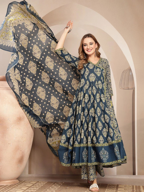 Sangria Women Ethnic Motifs Printed Angrakha Kurta with Palazzos & With Dupatta
