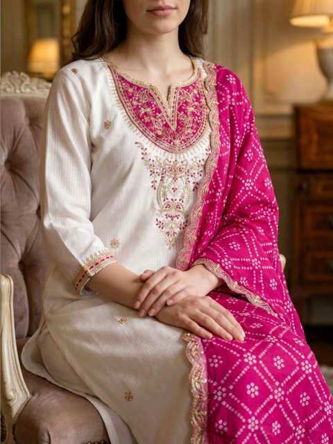 Sangria Women Ethnic Motifs Embroidered Regular Thread Work Kurta with Trousers & With Dupatta - Image 4