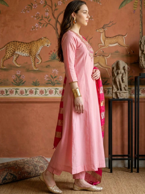 Sangria Women Ethnic Motifs Embroidered Regular Kurta with Trousers & With Dupatta - Image 2