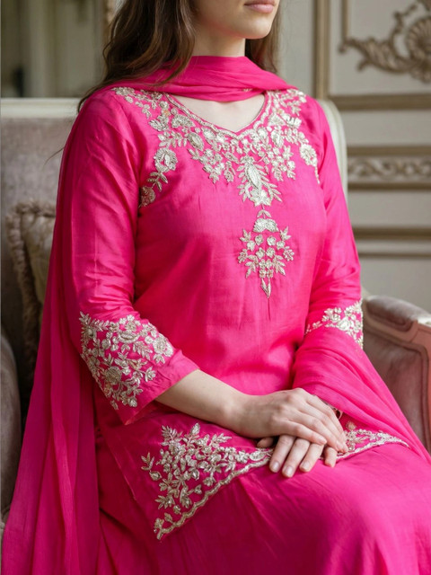 Sangria Women Ethnic Motifs Embroidered Regular Thread Work Kurta with Sharara & With Dupatta - Image 4