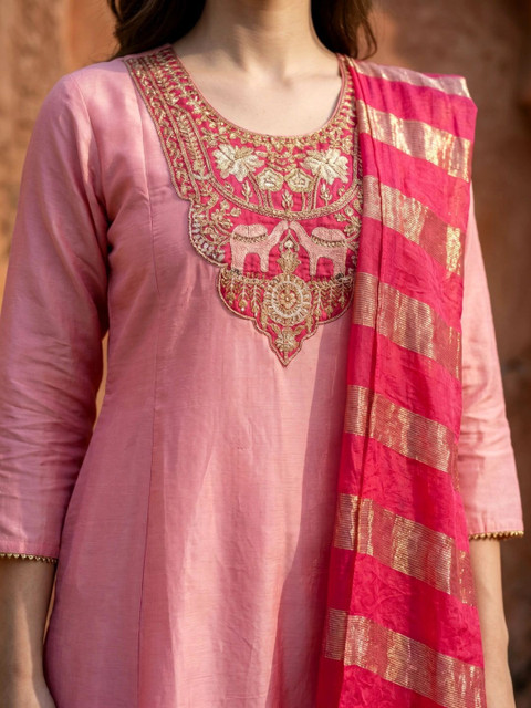 Sangria Women Ethnic Motifs Embroidered Regular Kurta with Trousers & With Dupatta - Image 5