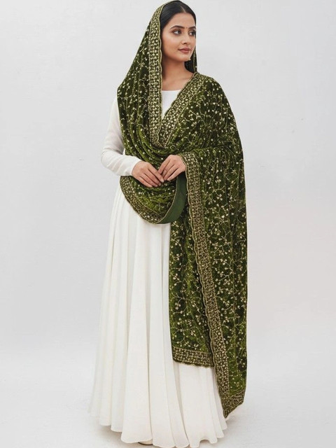 tathastufab Embroidered Velvet Dupatta with Zari - Image 4