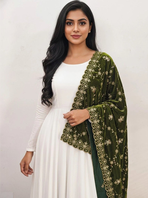 tathastufab Embroidered Velvet Dupatta with Thread Work