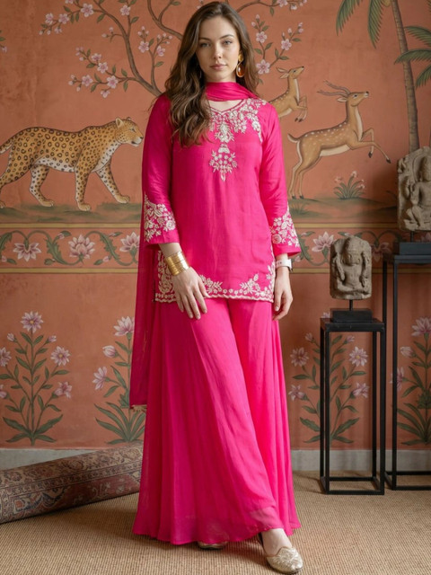 Sangria Women Ethnic Motifs Embroidered Regular Thread Work Kurta with Sharara & With Dupatta