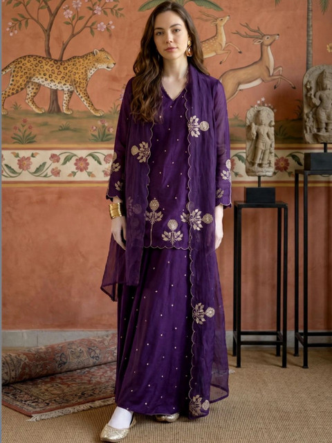Sangria Women Ethnic Motifs Embroidered Regular Pure Silk Kurta with Palazzos & With Dupatta