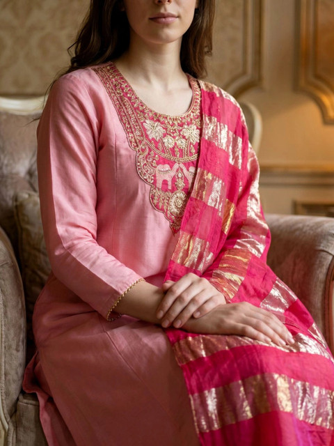 Sangria Women Ethnic Motifs Embroidered Regular Kurta with Trousers & With Dupatta - Image 4