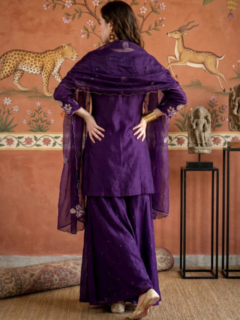 Sangria Women Ethnic Motifs Embroidered Regular Pure Silk Kurta with Palazzos & With Dupatta - Image 3