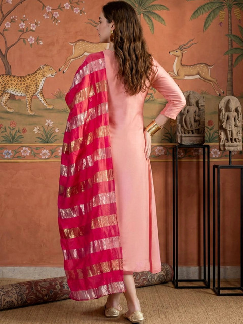 Sangria Women Ethnic Motifs Embroidered Regular Kurta with Trousers & With Dupatta - Image 3