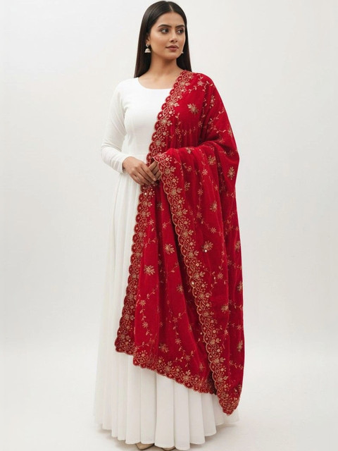 tathastufab Embroidered Velvet Dupatta with Zari - Image 5