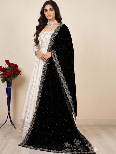 tathastufab Velvet Dupatta with Beads and Stones