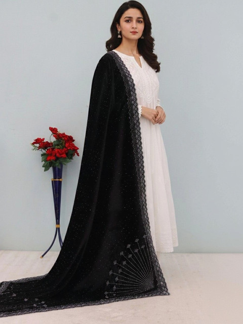 tathastufab Ethnic Motifs Velvet Dupatta with Beads and Stones - Image 3
