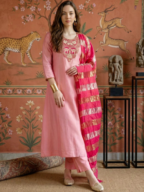 Sangria Women Ethnic Motifs Embroidered Regular Kurta with Trousers & With Dupatta
