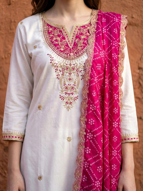 Sangria Women Ethnic Motifs Embroidered Regular Thread Work Kurta with Trousers & With Dupatta - Image 5