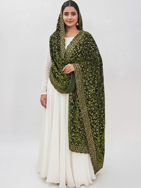 tathastufab Embroidered Velvet Dupatta with Zari