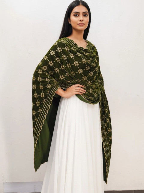 Kinjhit Fashion Ethnic Motifs Embroidered Velvet Dupatta with Thread Work