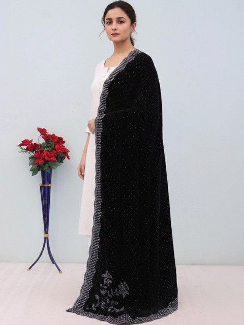 tathastufab Ethnic Motifs Velvet Dupatta with Beads and Stones