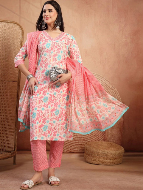Sangria Women Floral Printed Regular Pure Cotton Kurta with Trousers & With Dupatta - Image 3