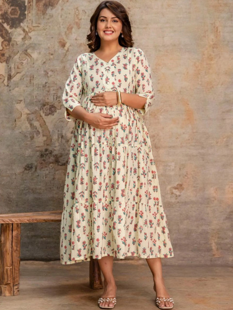 DEVEK Floral Print Maternity A-Line Midi Dress