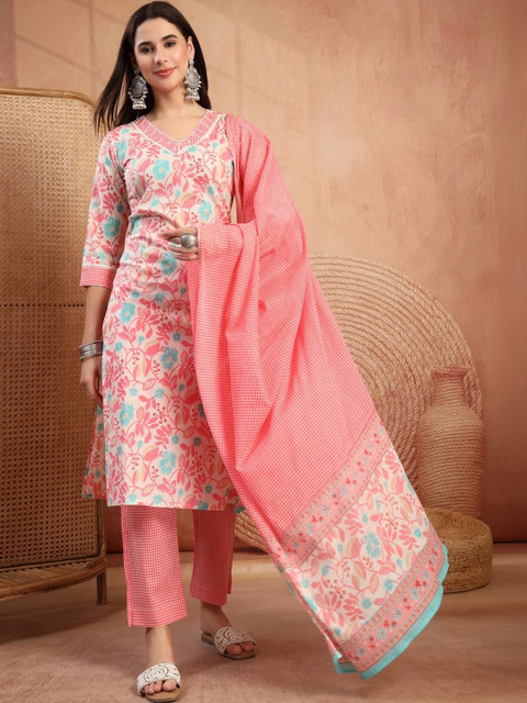 Sangria Women Floral Printed Regular Pure Cotton Kurta with Trousers & With Dupatta