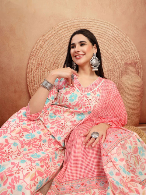 Sangria Women Floral Printed Regular Pure Cotton Kurta with Trousers & With Dupatta - Image 7
