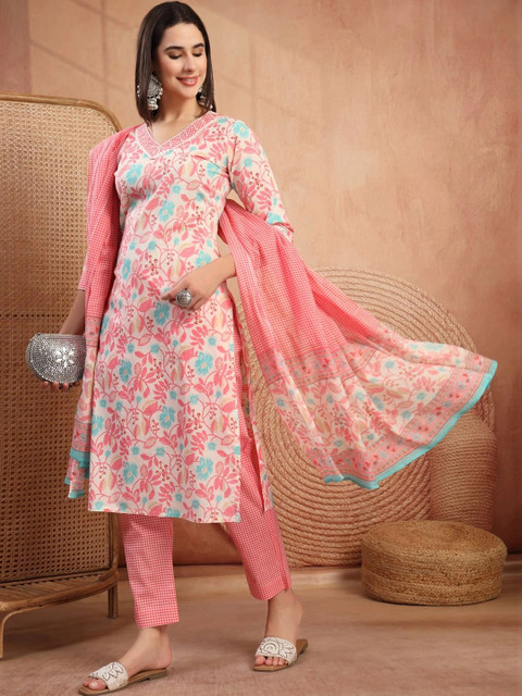 Sangria Women Floral Printed Regular Pure Cotton Kurta with Trousers & With Dupatta - Image 6