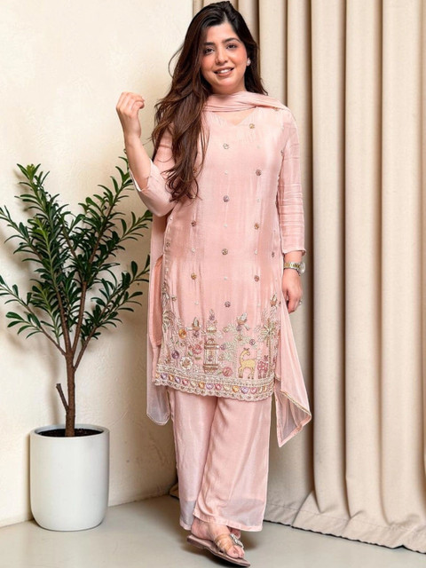 TASRIKA Women Ethnic Motifs Embroidered Regular Thread Work Kurta with Palazzos & With Dupatta
