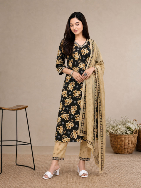 SZN Floral Printed V-Neck Straight Kurta With Trouser & Dupatta - Image 5