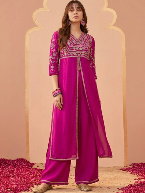Sangria Women Ethnic Motifs Embroidered Angrakha Thread Work Kurta with Palazzos
