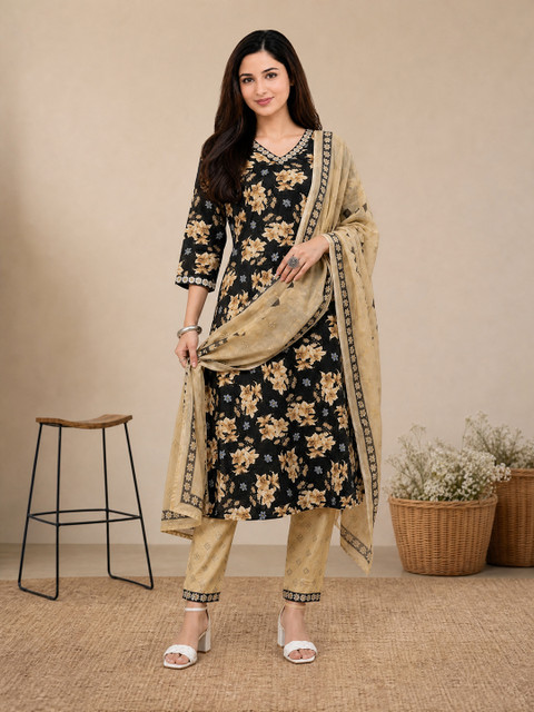 SZN Floral Printed V-Neck Straight Kurta With Trouser & Dupatta
