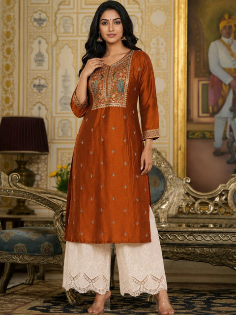 rarethread Women Ethnic Motifs Embroidered Thread Work Grandeur & Majestic Artwork Kurta