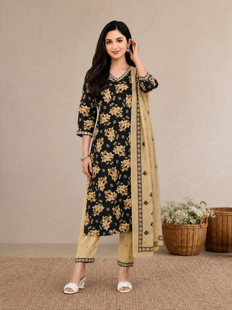 SZN Floral Printed V-Neck Straight Kurta With Trouser & Dupatta - Image 4