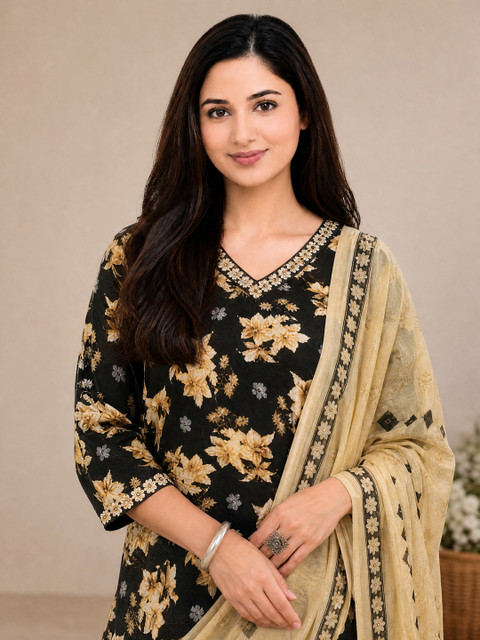 SZN Floral Printed V-Neck Straight Kurta With Trouser & Dupatta - Image 3