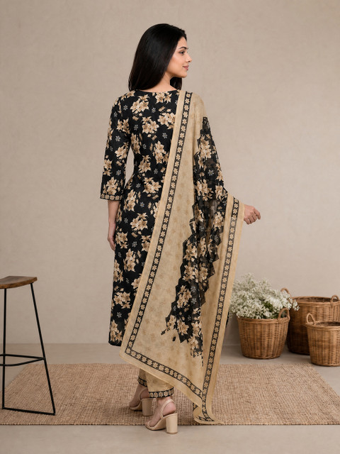 SZN Floral Printed V-Neck Straight Kurta With Trouser & Dupatta - Image 2
