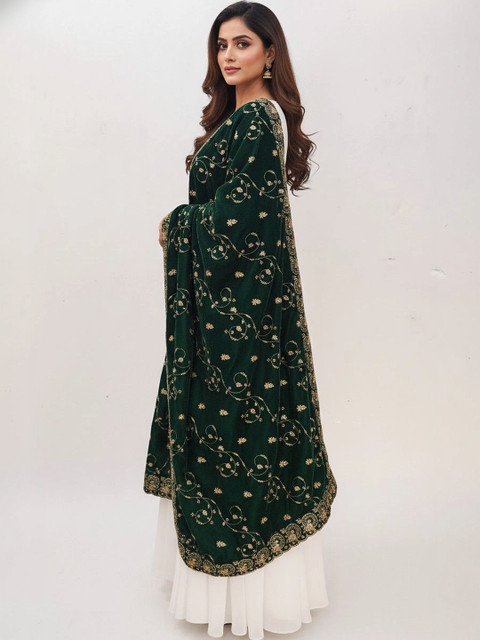 Kinjhit Fashion Ethnic Motifs Embroidered Velvet Dupatta with Zari - Image 2
