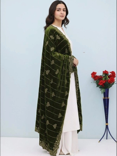 Kinjhit Fashion Ethnic Motifs Embroidered Velvet Dupatta with Zari - Image 2