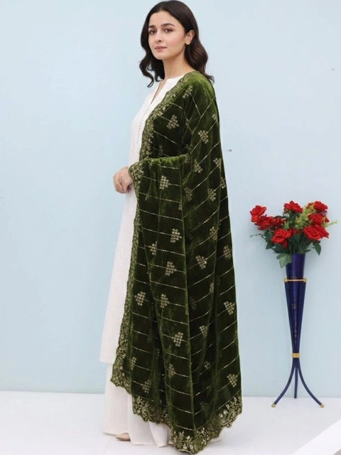 Kinjhit Fashion Ethnic Motifs Embroidered Velvet Dupatta with Zari - Image 3