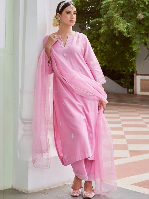 ROZLAND Women Ethnic Motifs Embroidered Regular Thread Work Kurta with Trousers & With Dupatta - Image 2