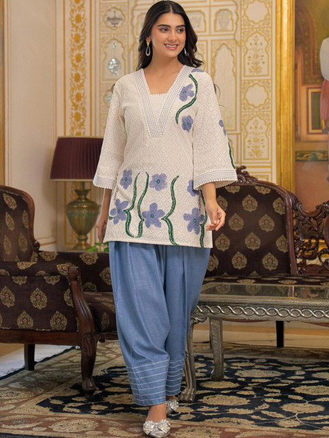 Aavanya Women Floral Embroidered Chikankari Cotton Kurta with Harem Pants