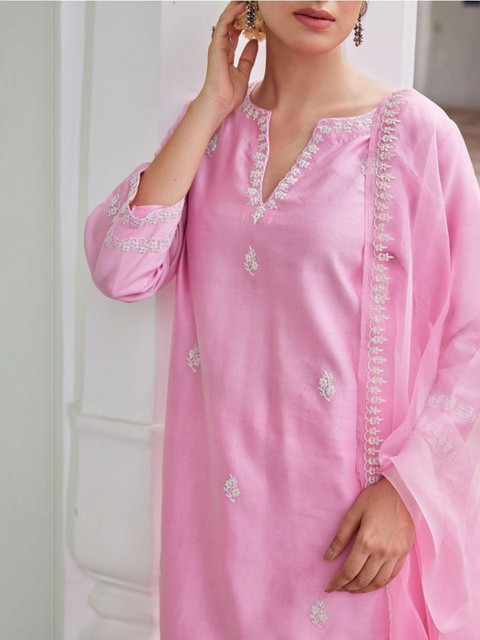 ROZLAND Women Ethnic Motifs Embroidered Regular Thread Work Kurta with Trousers & With Dupatta - Image 6
