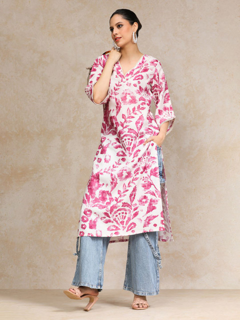 Varanga Floral Printed Bell Sleeves V-Neck Straight Cotton Kurta