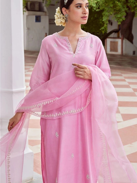 ROZLAND Women Ethnic Motifs Embroidered Regular Thread Work Kurta with Trousers & With Dupatta - Image 3