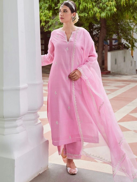 ROZLAND Women Ethnic Motifs Embroidered Regular Thread Work Kurta with Trousers & With Dupatta - Image 7