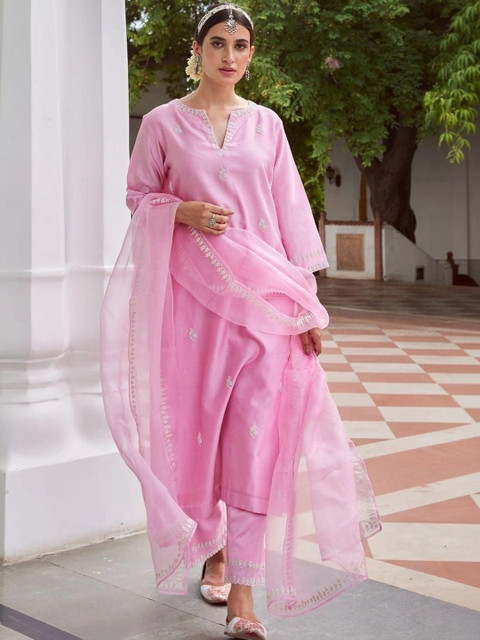 ROZLAND Women Ethnic Motifs Embroidered Regular Thread Work Kurta with Trousers & With Dupatta